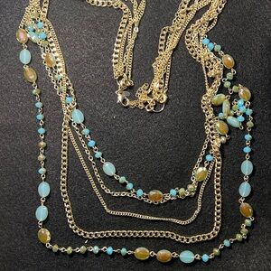 Elegant Gold Toned and Blue Multi-Layer Necklace